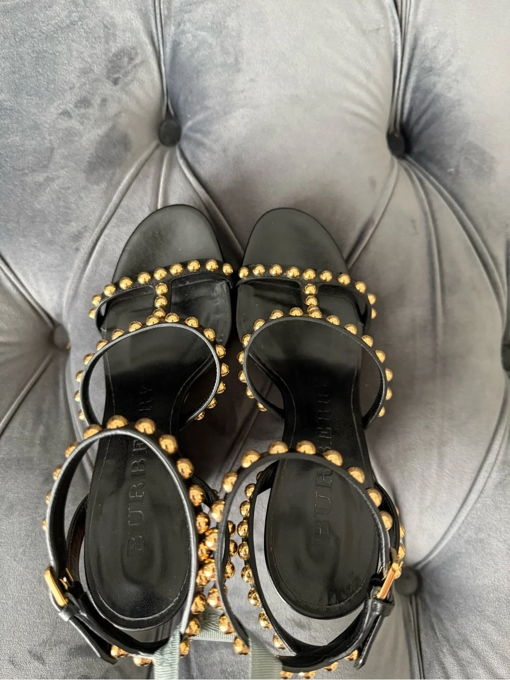Worn Once! Burberry Black Strappy Studded Check Wedge Sandals